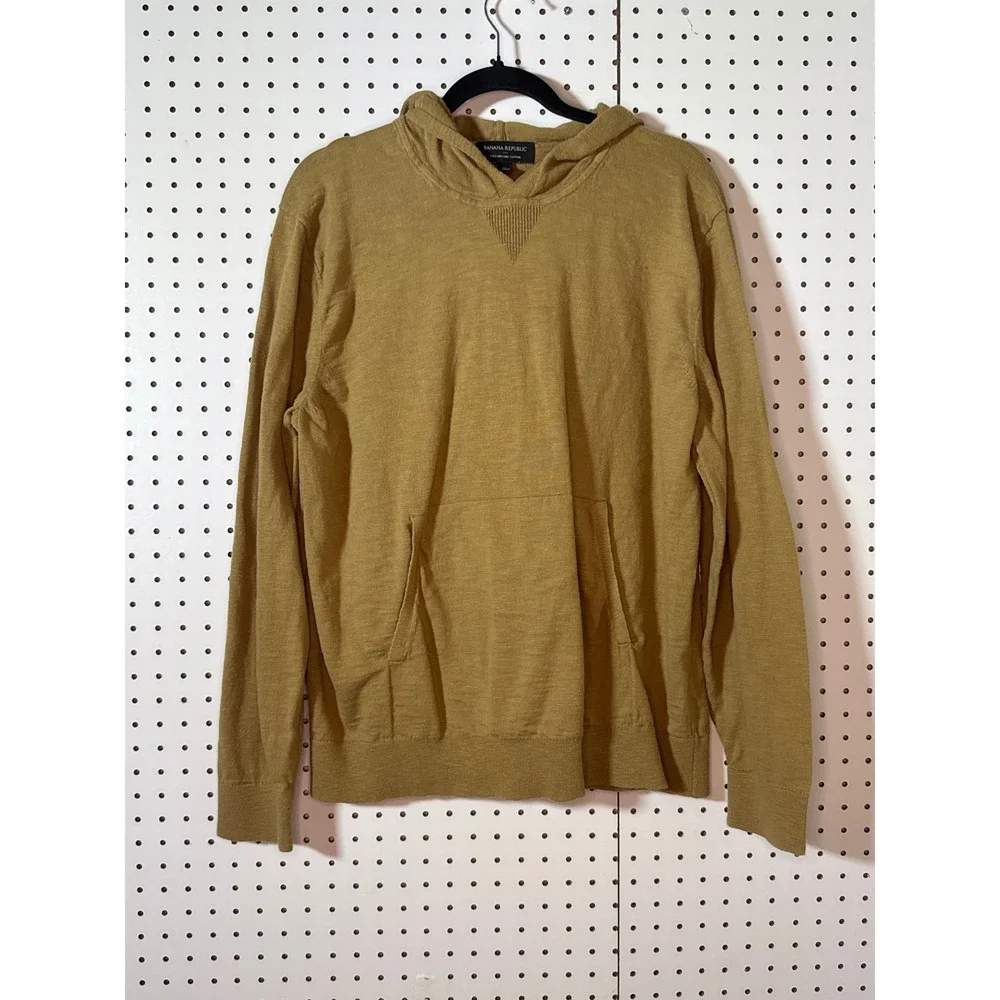 Banana Republic Mens Organic Cotton Knit Hoodie Mustard Gold XL Sweater Pullover